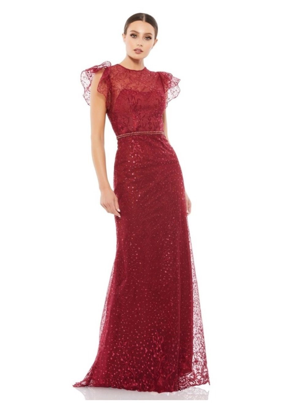 Mac Duggal Ruffle Sleeve Beaded Lace Gown #12465 size 2 NWT Deep Red